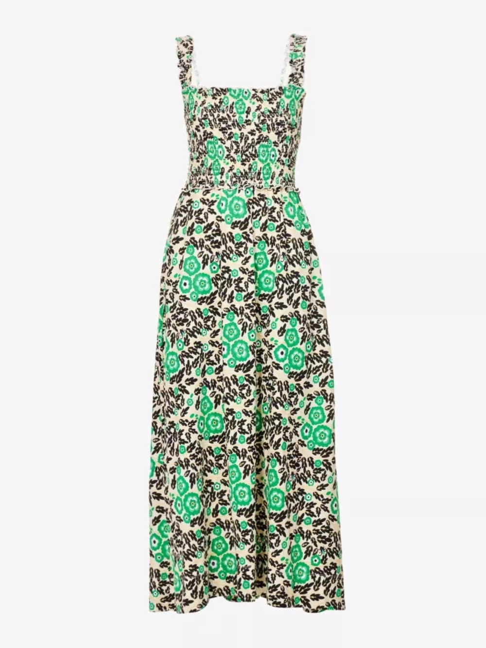 ME+EM Smocked Floral Print Midi Dress in Green Black Yellow Size 8
